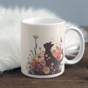 Cute Kawaii Cat in the Field Full of Flowers Coffee Mug