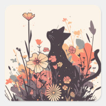 Cute Kawaii Cat in the Field Full of Flowers