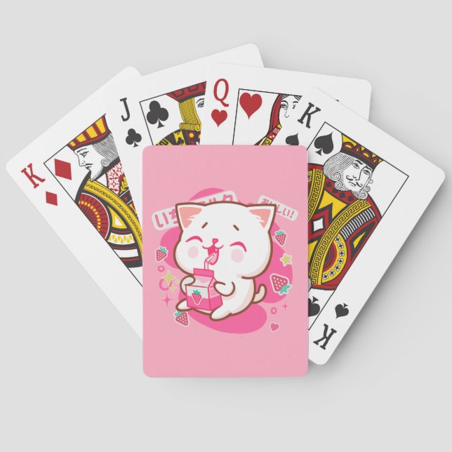 Cute Kawaii Cat Japanese Strawberry Milk Playing Cards (Back)