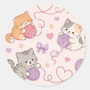 Cute Kawaii Cat Love Yarn Pattern Classic Round Sticker