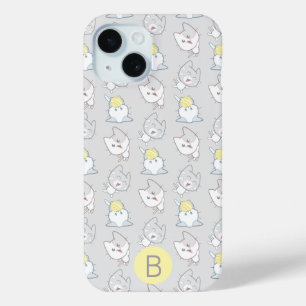 Cute Kawaii Cat Pattern Grey Yellow Monogram iPhone 15 Case