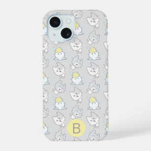 Cute Kawaii Cat Pattern Grey Yellow Monogram iPhone 15 Case