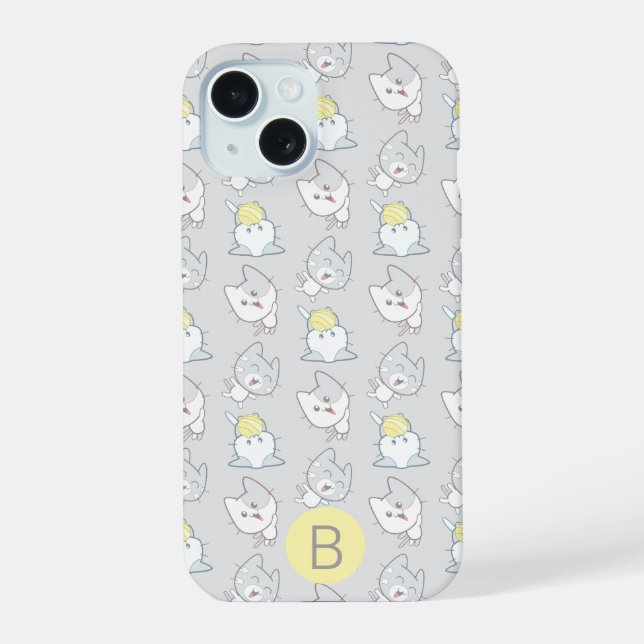 Cute Kawaii Cat Pattern Grey Yellow Monogram iPhone 15 Case (Back)