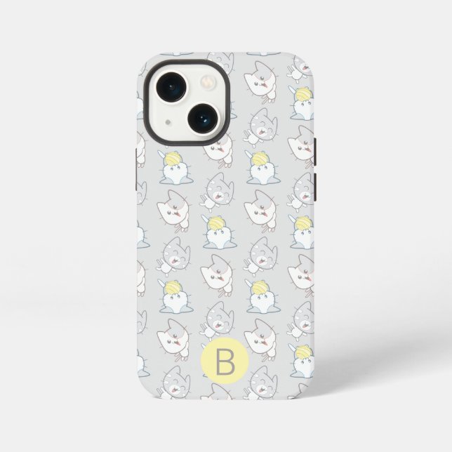 Cute Kawaii Cat Pattern Grey Yellow Monogram iPhone Case (Back)