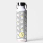 Cute Kawaii Cat Pattern Grey Yellow Monogram Water Bottle<br><div class="desc">Adorable happy playful kittens in repeat pattern.</div>