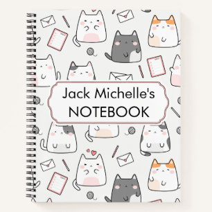 Cute Kawaii Cat Pattern in White Pink & Gray Notebook