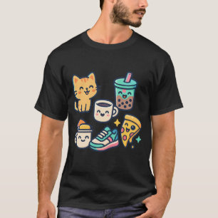Cute Kawaii Cat, Pizza, Bubble Tea & Coffee – Fun  T-Shirt