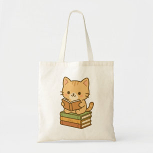 Cute Kawaii Cat Reading a Book Book Stash Tote Bag