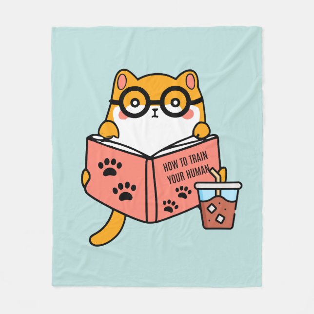 Cute Kawaii cat reading a book Fleece Blanket (Front)