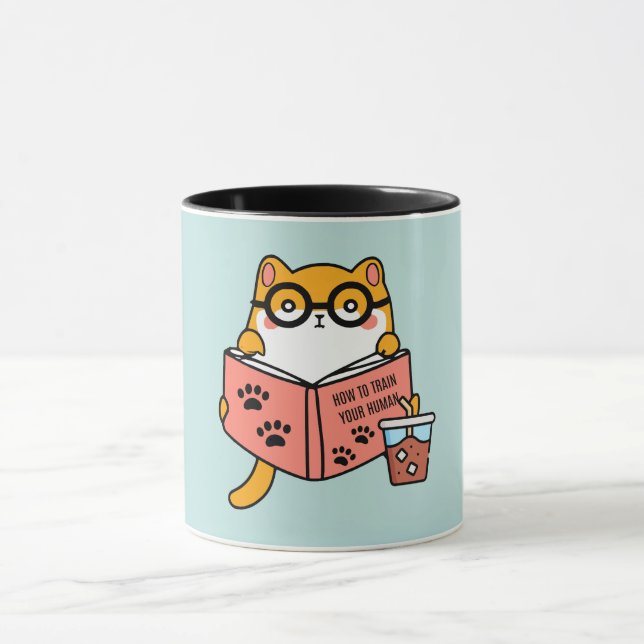 Cute Kawaii cat reading a book Mug (Center)
