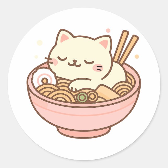 Cute Kawaii Cat Sleeping in Ramen Bowl Classic Round Sticker (Front)