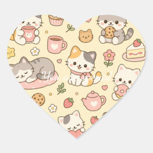 Cute Kawaii Cat Treats Pattern Pastel Bakery Heart Sticker
