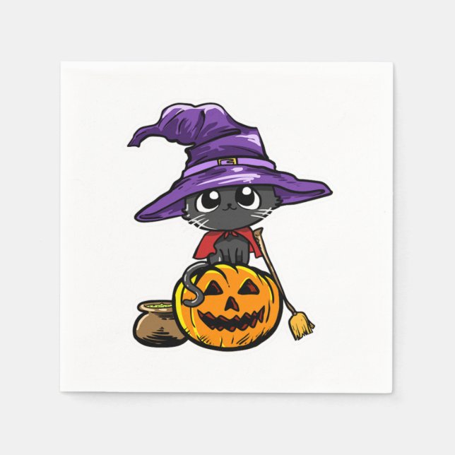 Cute Kawaii Cat Witch Pumpkin Halloween Cat Lover Napkin (Front)