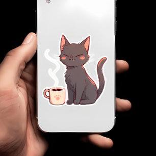 Cute Kawaii Cat with Coffee Cup