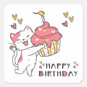 Cute Kawaii cat with cupcake  Square Sticker