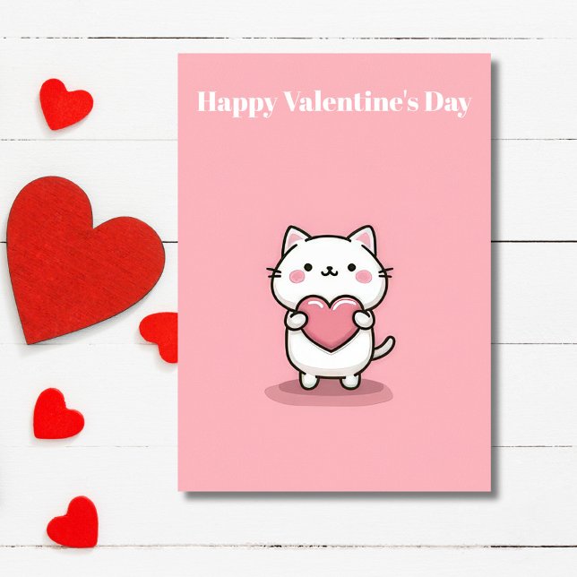 Cute Kawaii Cat with Heart Valentine`s Day Card  (Creator Uploaded)