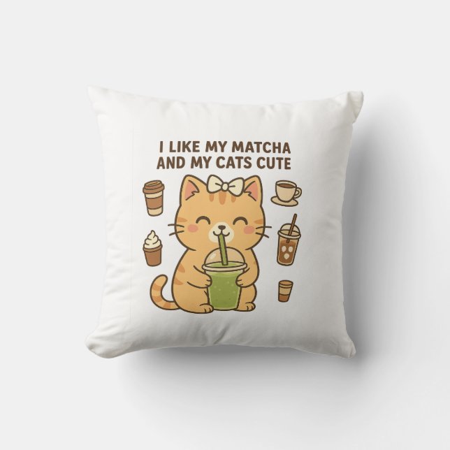 Cute Kawaii Cat with Matcha Green Tea  Cushion (Front)