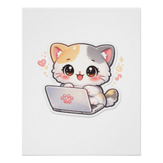 Cute Kawaii Cat Working on Laptop Poster | Adorabl