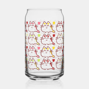 Cute Kawaii Cats and Hearts Pattern Can Glass