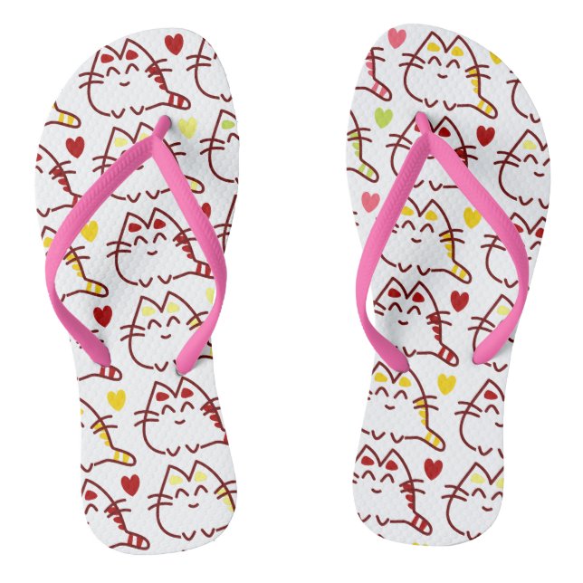 Cute Kawaii Cats and Hearts Pattern Flip Flops (Footbed)