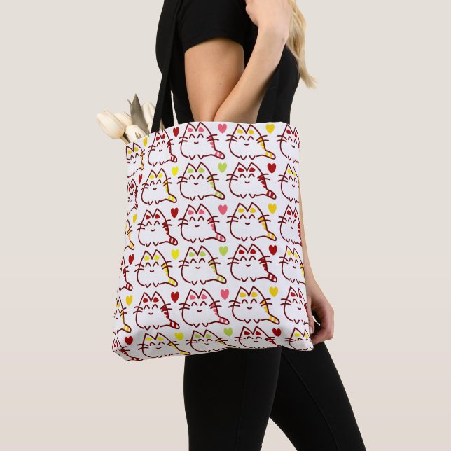 Cute Kawaii Cats and Hearts Pattern Tote Bag (Close Up)