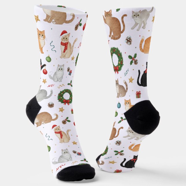 Cute Kawaii Cats & Christmas Decorations Socks (Angled)