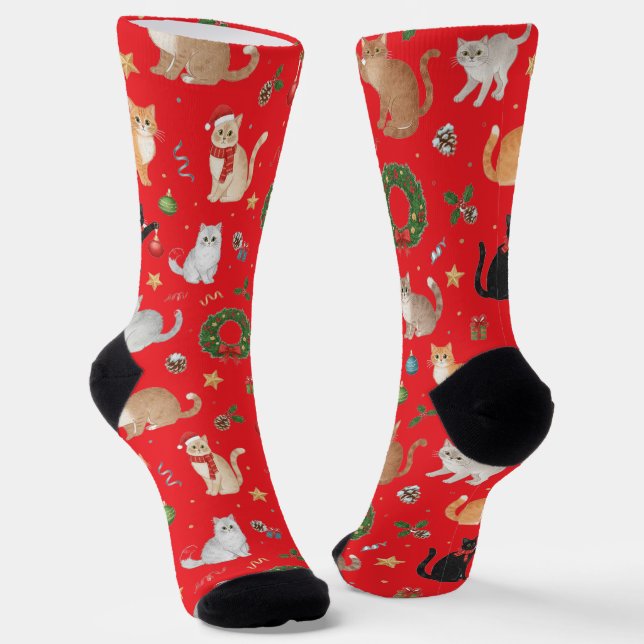 Cute Kawaii Cats & Christmas Decorations Socks (Angled)