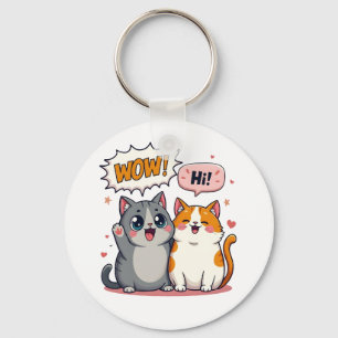 Cute Kawaii Cats Comic Saying Wow and Hi Keychain