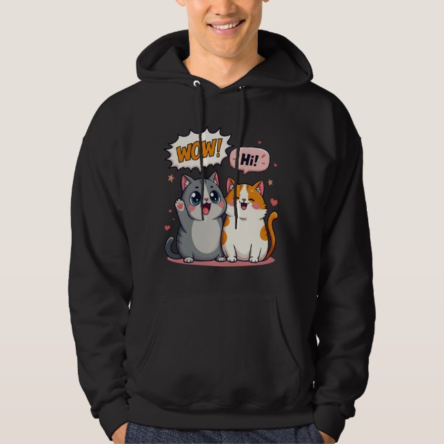 Cute Kawaii Cats Comic Saying Wow and Hi Pullover  (Front)