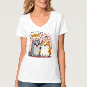 Cute Kawaii Cats Comic Saying Wow and Hi V-Neck T- T-Shirt