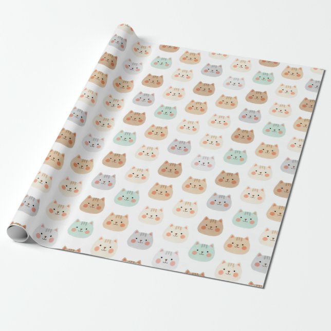 Cute Kawaii Cats Hand-Drawn Illustrations Pastel  Wrapping Paper (Unrolled)