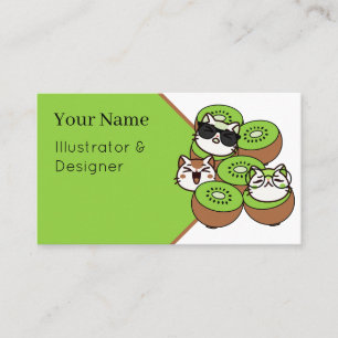 Cute Kawaii Cats in Tropical Kiwi Fruit Business Card