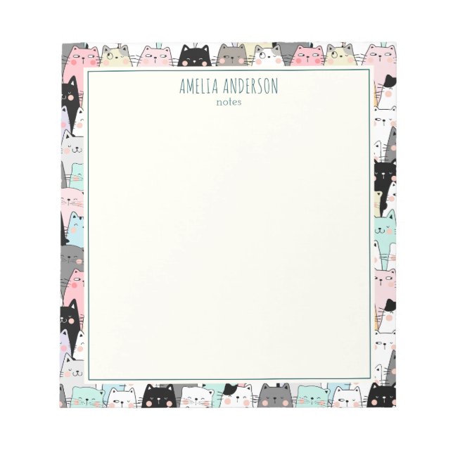 Cute Kawaii Cats Pattern Personalise Name Notepad (Front)