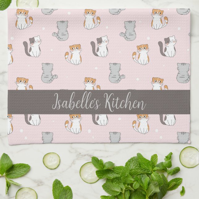 Cute Kawaii Cats Personalised Tea Towel (Folded)