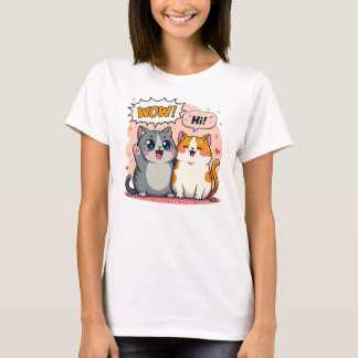 Cute Kawaii Cats Saying Wow and Hi Comic Art T-Shirt