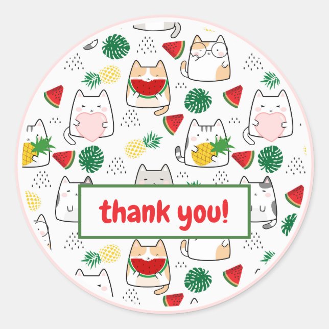 Cute Kawaii Cats Tropical Watermelon Thank You Classic Round Sticker (Front)
