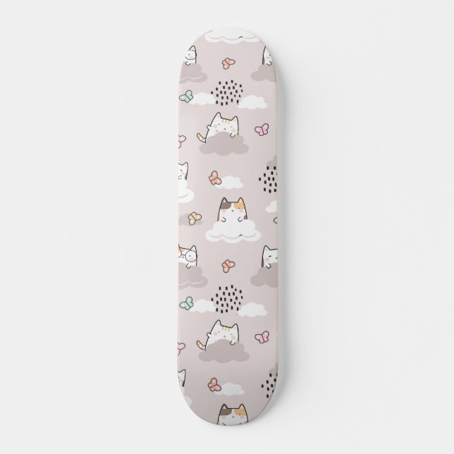 Cute Kawaii Cats with Clouds and Butterflies Skateboard (Front)