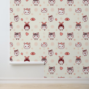 Cute Kawaii Characters with Bows Pattern Wallpaper