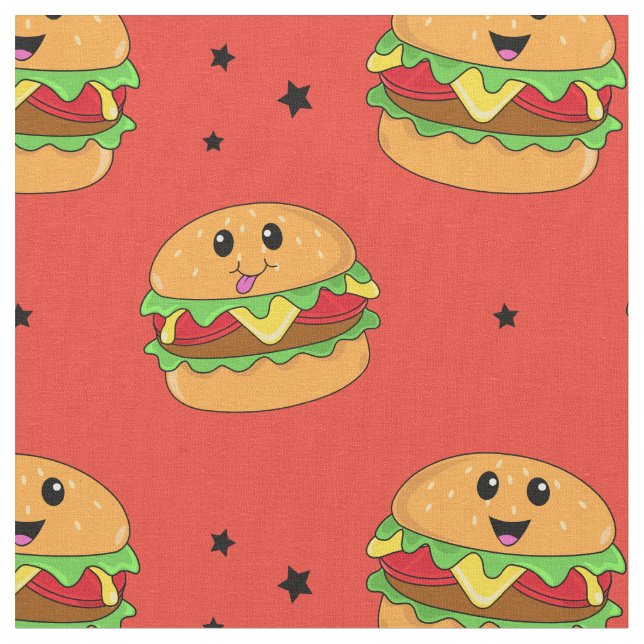 Cute Kawaii Cheeseburger Pattern on Red Fabric (Close Up)