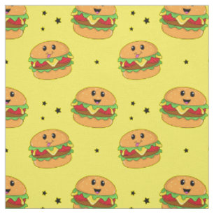 Cute Kawaii Cheeseburger Pattern on Yellow Fabric