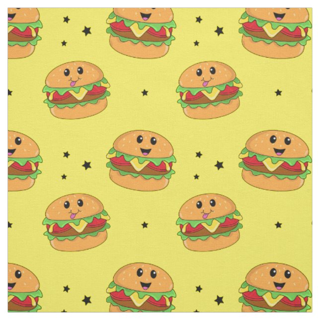 Cute Kawaii Cheeseburger Pattern on Yellow Fabric (Swatch)