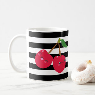 Cute Kawaii Cherry Black and White Striped Coffee Mug