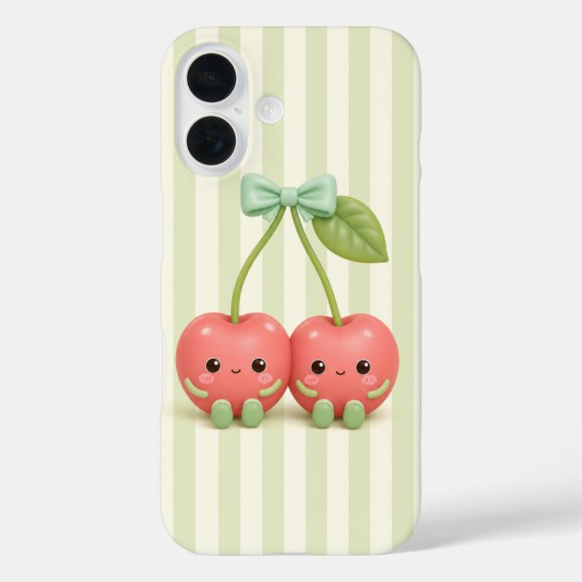 Cute Kawaii Cherry Pair on Sage Green Stripes Phon Case-Mate iPhone Case (Back)