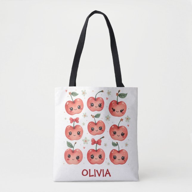 Cute Kawaii Cherry Smiles Tote Bag (Front)