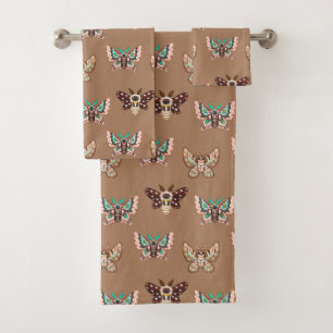 Cute Kawaii Chibi Moths on Coffee Tan Bath Towel Set