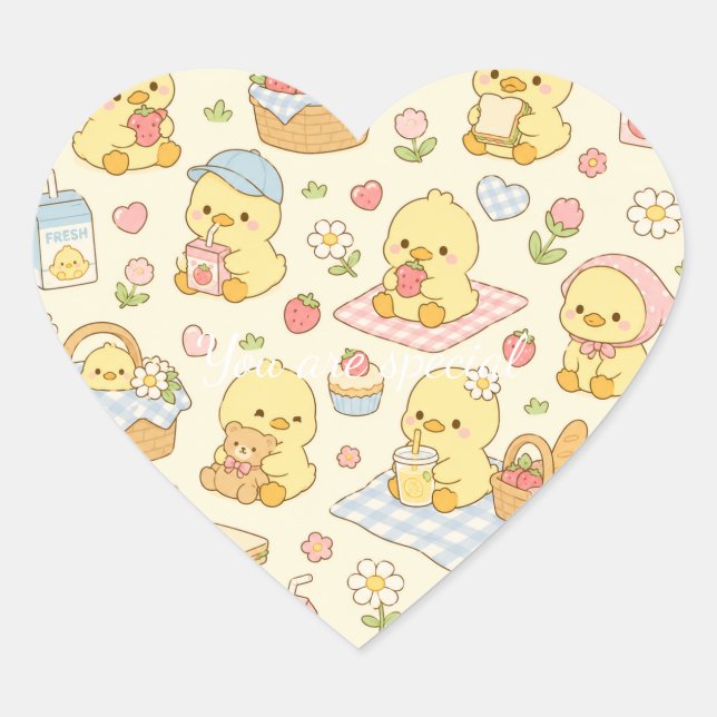 Cute Kawaii Chick Picnic Pattern | Pastel Spring  Heart Sticker (Front)