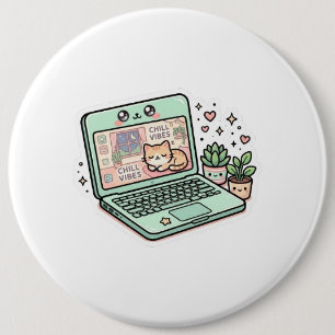Cute Kawaii Chill Vibes Laptop Cat Potted PSticker 6 Cm Round Badge