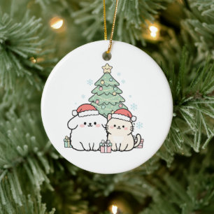 Cute Kawaii Christmas Cat & Dog Festive Holiday  Ceramic Tree Decoration