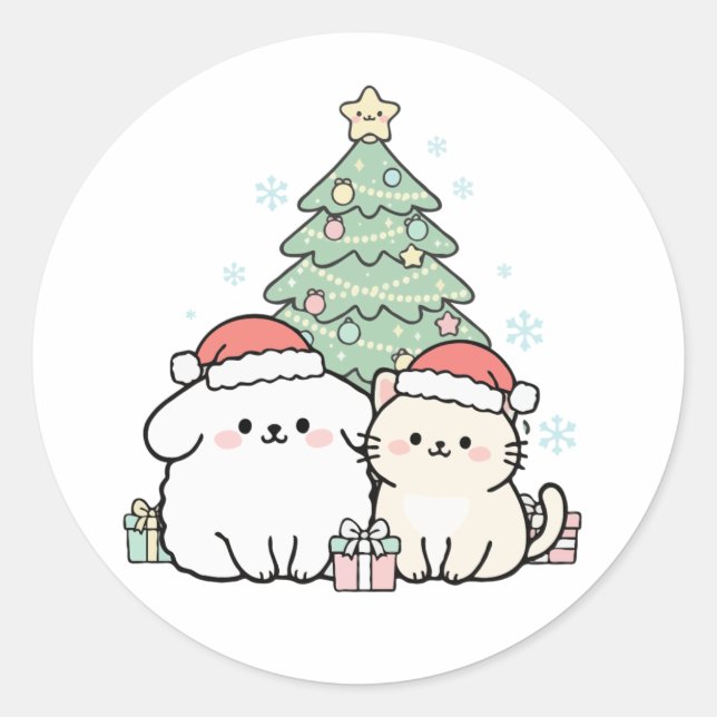 Cute Kawaii Christmas Cat & Dog Festive Holiday  Classic Round Sticker (Front)