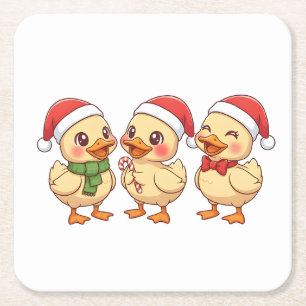Cute Kawaii Christmas Ducks Festive Holiday Square Paper Coaster
